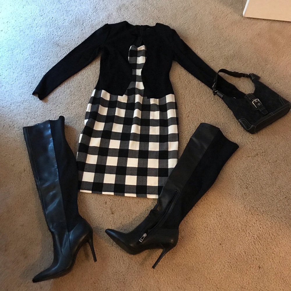 One-piece black and white plaid dress